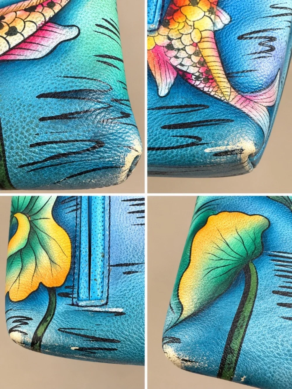 Anuschka Hand Painted Leather Koi Fish Lotus Hobo Shoulder Bag